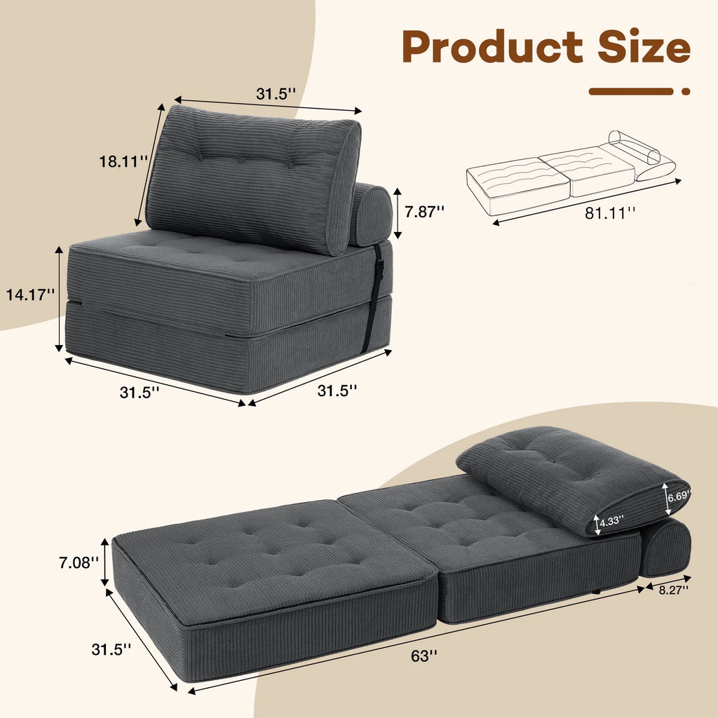 Hommpa Folding Sofa Bed Foldable Couch Bed Convertible Futon Chair with High Density Foam Filling with Pillow for Adult, Comfort Chair Bed for Living Room Bedroom, Gray, Single