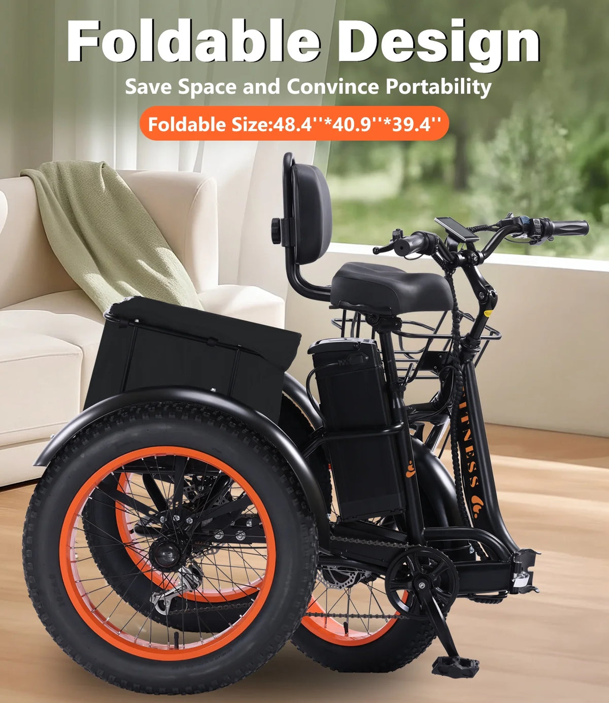 YEBEI Electric Tricycle for Adults Folding E - Trike Motorized Tricycle Electric 3 Wheels Trike Powerful 500W Motor Electric Tricycle 48V15AH Lithium Battery Max 20MPH 20*4.0" Fat Tire Orange