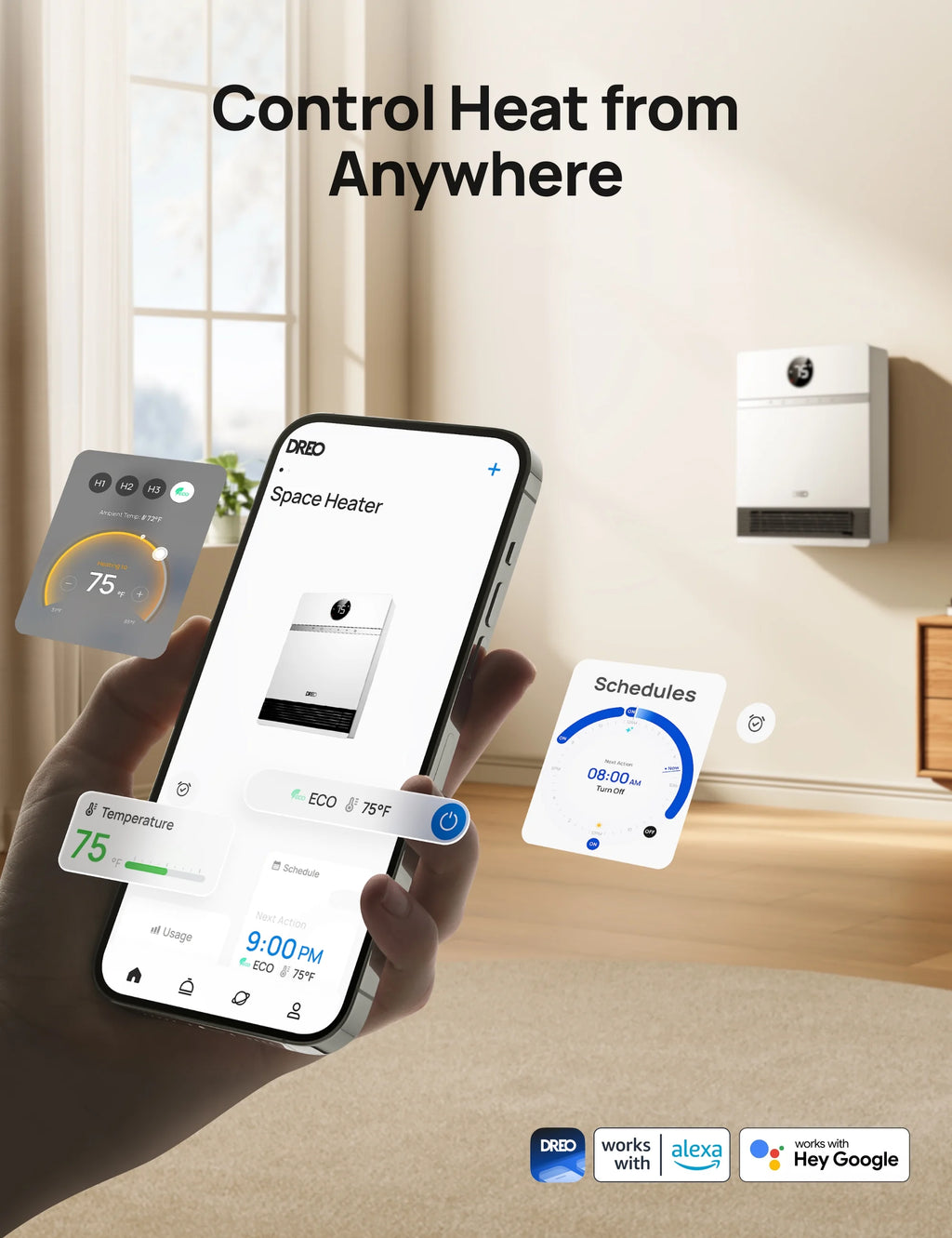Dreo Smart Wall Heater, IP24 Electric PTC Space for Indoor Use, 30 Oscillation, Adjustable Thermostat, Remote Control, Works with Alexa, 24H Timer, Easy - Mounted for Bedroom, Office