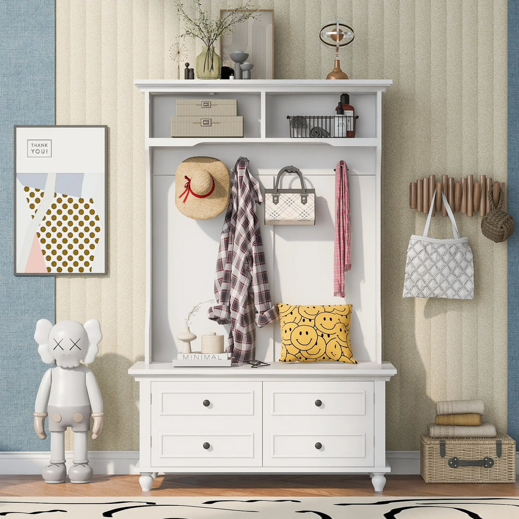 Hall Tree with Upholstered Bench and Coat Rack, Entryway Bench with 3 Hooks, 3 Open Shelves, 2 Drawers & Storage Cabinets, Mudroom Bench with Storage and Hooks for Foyer, Entry Way, Hallway (Beige)
