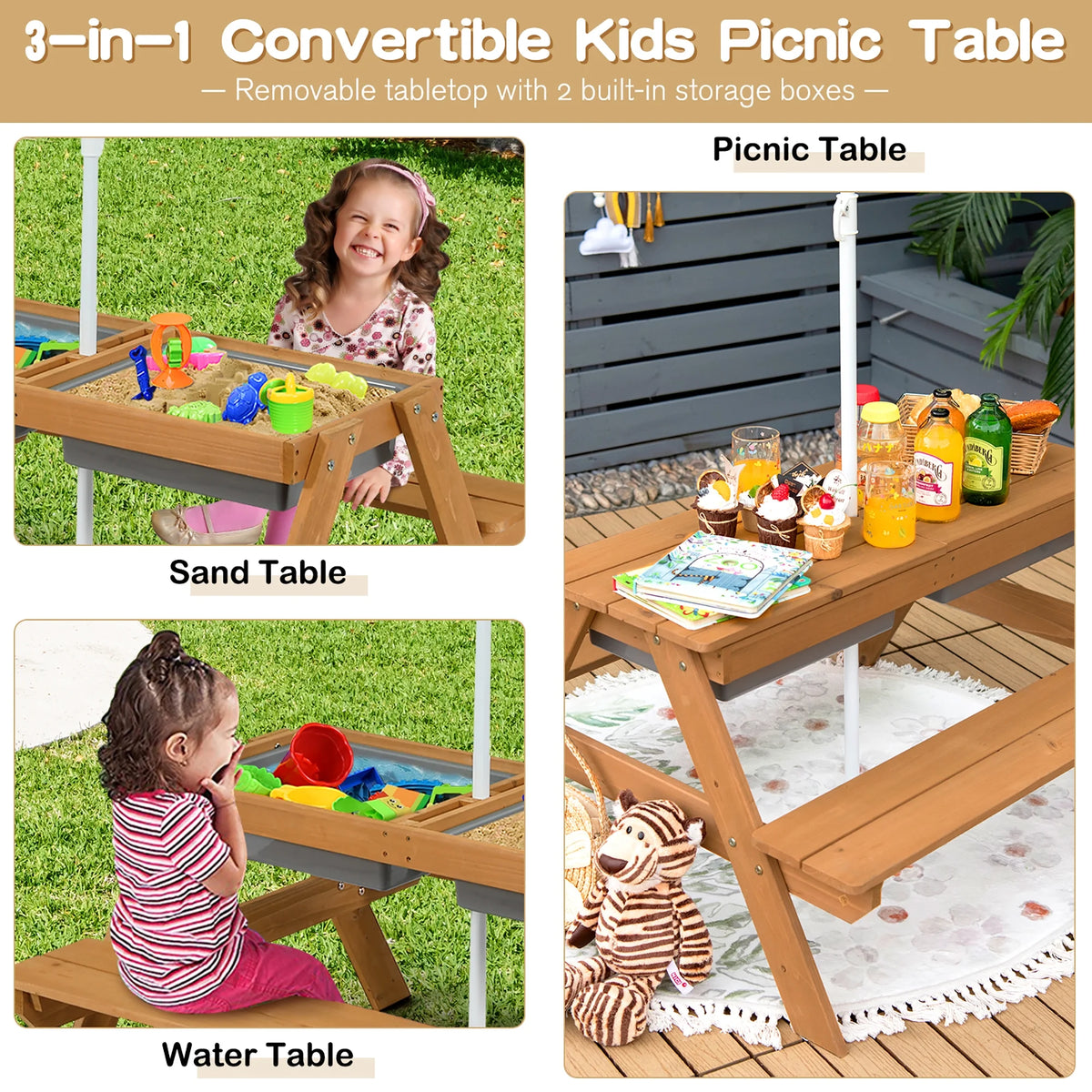 Costway 3 - in - 1 Kids Picnic Table Wooden Outdoor Sand & Water Table with Umbrella Play Boxes Green