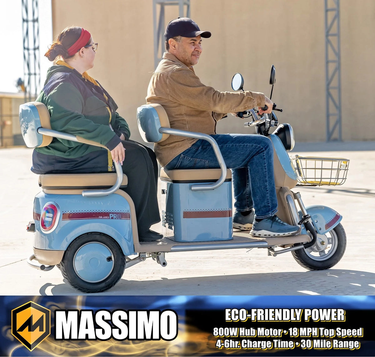 Massimo MGC E - Trike 3 - Wheel Electric Cart - 17 MPH, 2 - Seater Adult Scooter - Blue