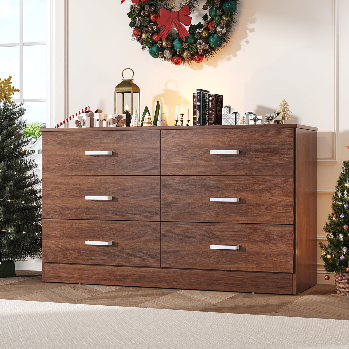 Winkalon 6 Drawer White Double Dresser, Wood Storage Cabinet with Easy Pull Out Handles for Living Room, Chest of Drawers for Bedroom