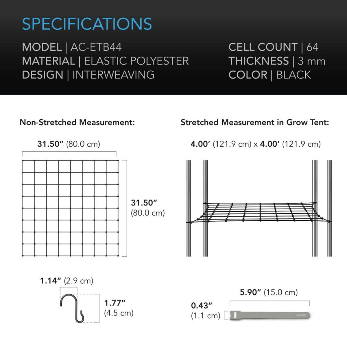 AC Infinity Grow Tent Trellis Netting - Flexible Elastic Cords - 4X4