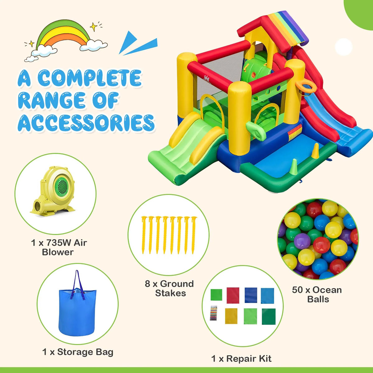 Costway Colorful Rainbow Kids Inflatable Bounce Castle with 50 Ocean Balls & 735W Blower