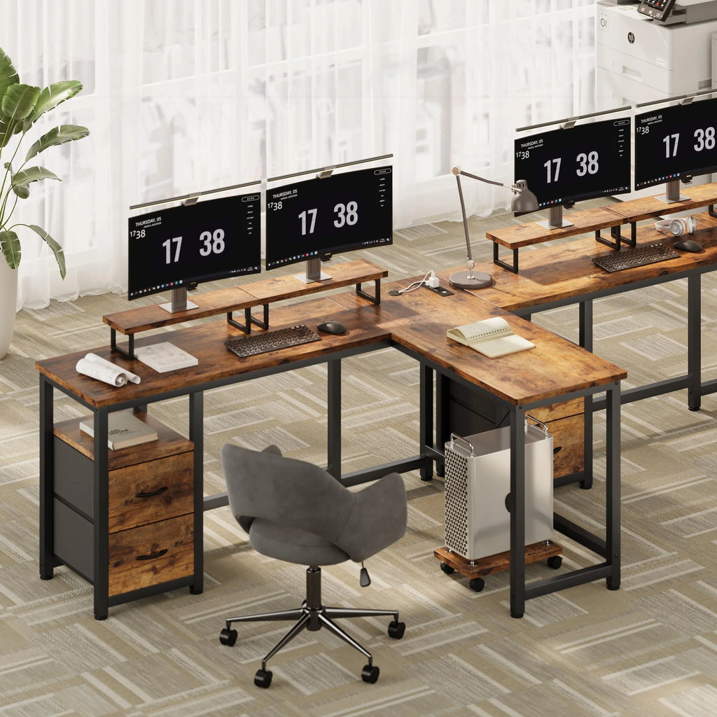 Lofka L Shaped Gaming Desk with Power Outlets, Computer Desk with Shelf and Drawers for Home /Office, Black