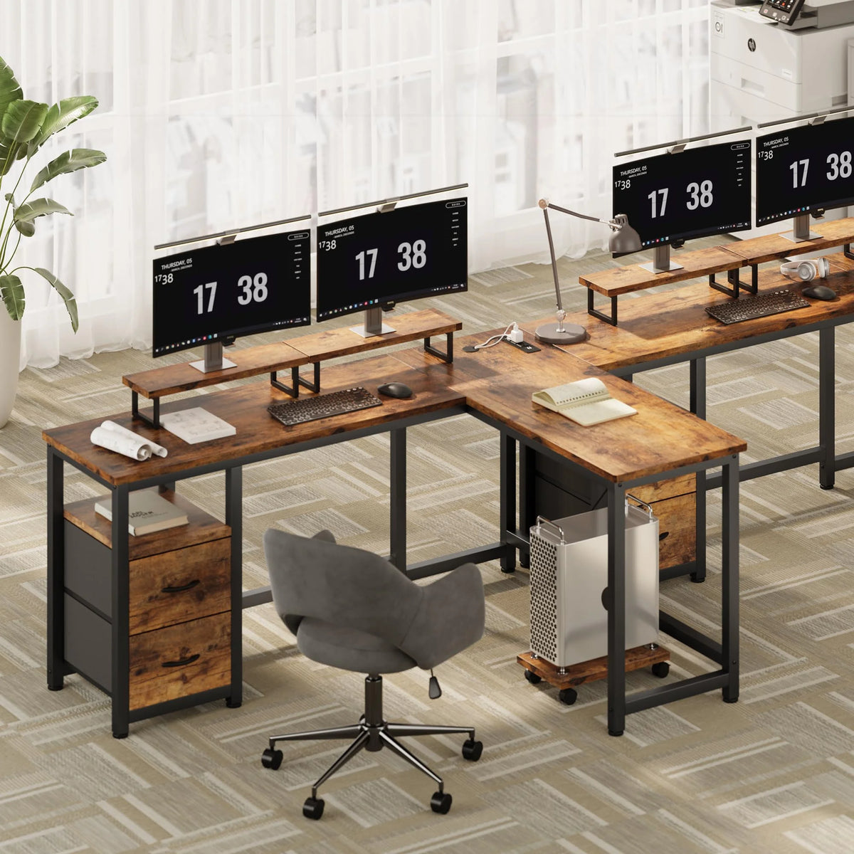 Lofka L Shaped Gaming Desk with Power Outlets, Computer Desk with Shelf and Drawers for Home /Office, Black