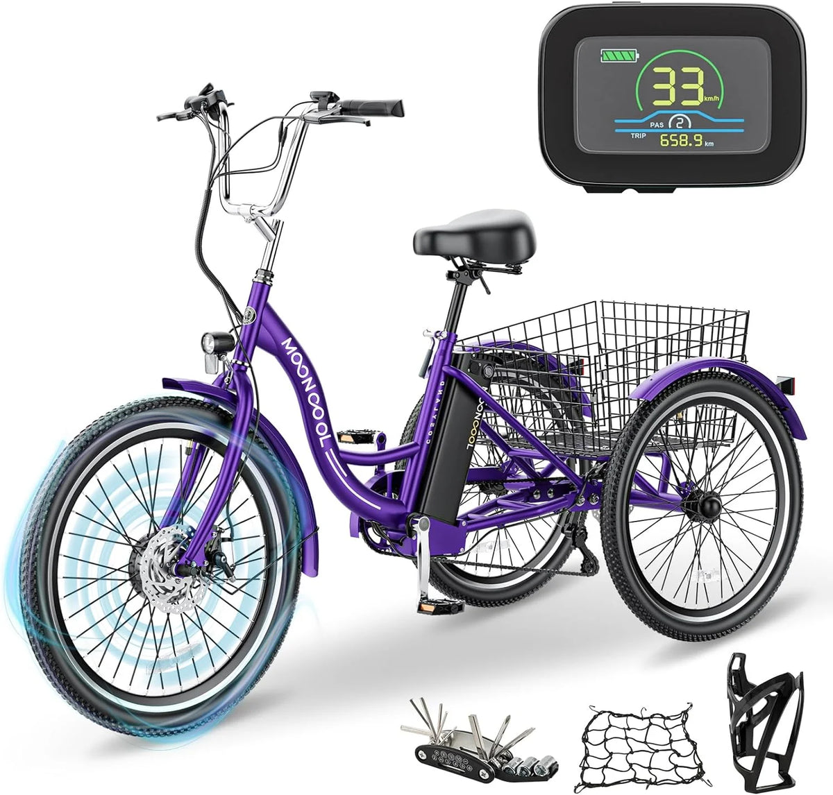 ABORON 24" 26" Electric Tricycles, 36V 10ah 350W Lithium Battery, 7 Speed E - Trike for Adults with Large Capacity Rear Basket & Adjustable Seat