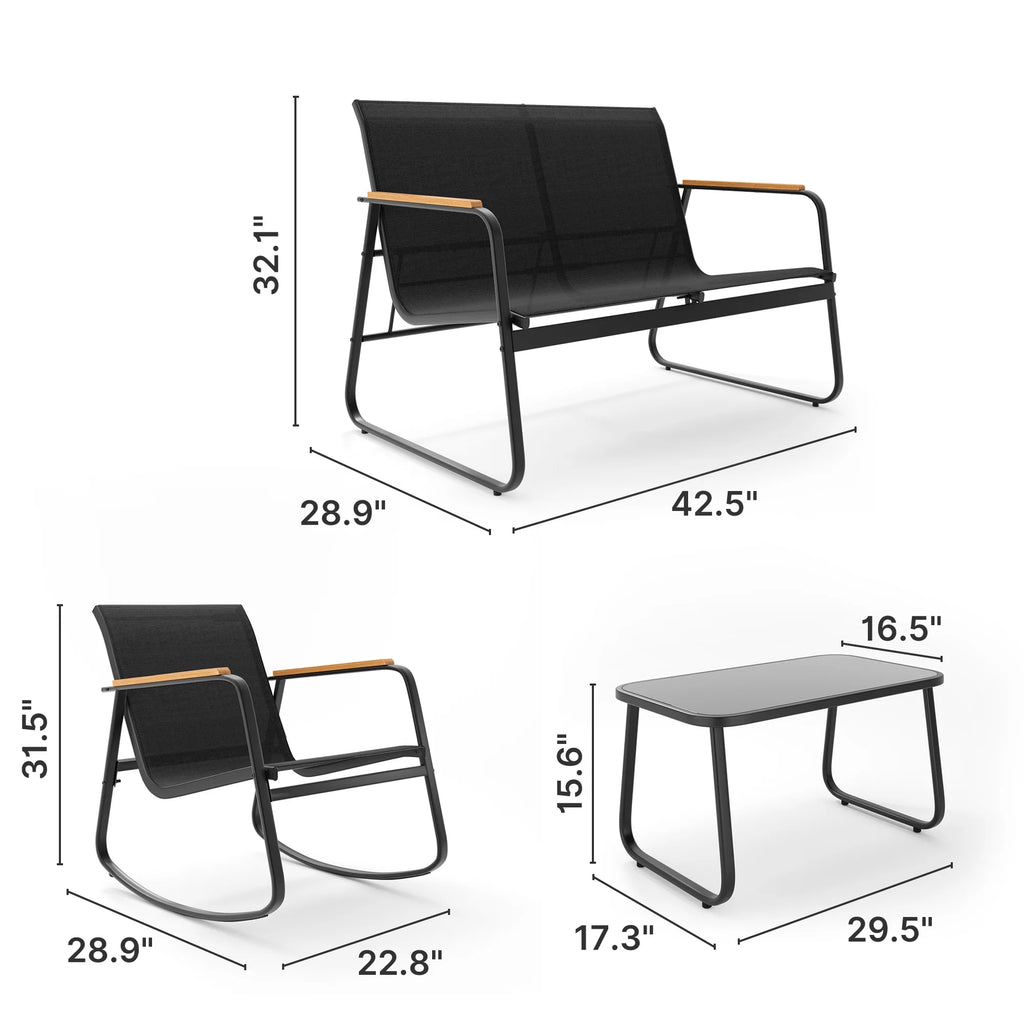 Patio Conversation Sets for 4, Lofka 4 Pieces Patio Furniture Sets with Rocking Bistro Fabric Chairs, Garden Loveseat, Glass Coffee Table for Backyard, Poolside, Porch, Lawn, Black