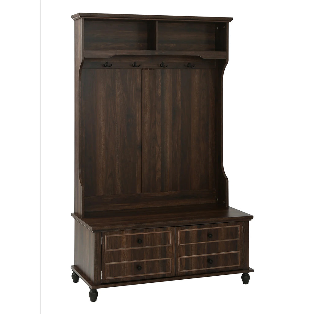 Hall Tree with Upholstered Bench and Coat Rack, Entryway Bench with 3 Hooks, 3 Open Shelves, 2 Drawers & Storage Cabinets, Mudroom Bench with Storage and Hooks for Foyer, Entry Way, Hallway (Beige)