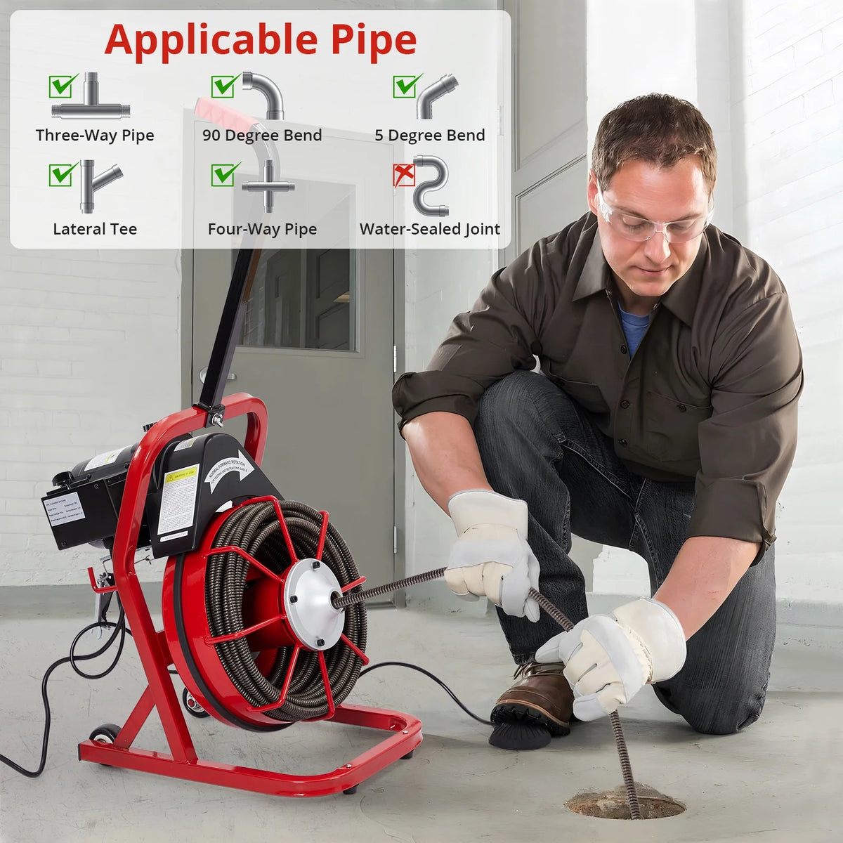 Roromall Drain Cleaner Machine 50FT/75FT/100FT x 3/8 - Inch/1/2 - Inch Sewer Auger Electric Drain Auger Sewer Snake with 4 Cutter, Air - Activated Foot Switch, Gloves