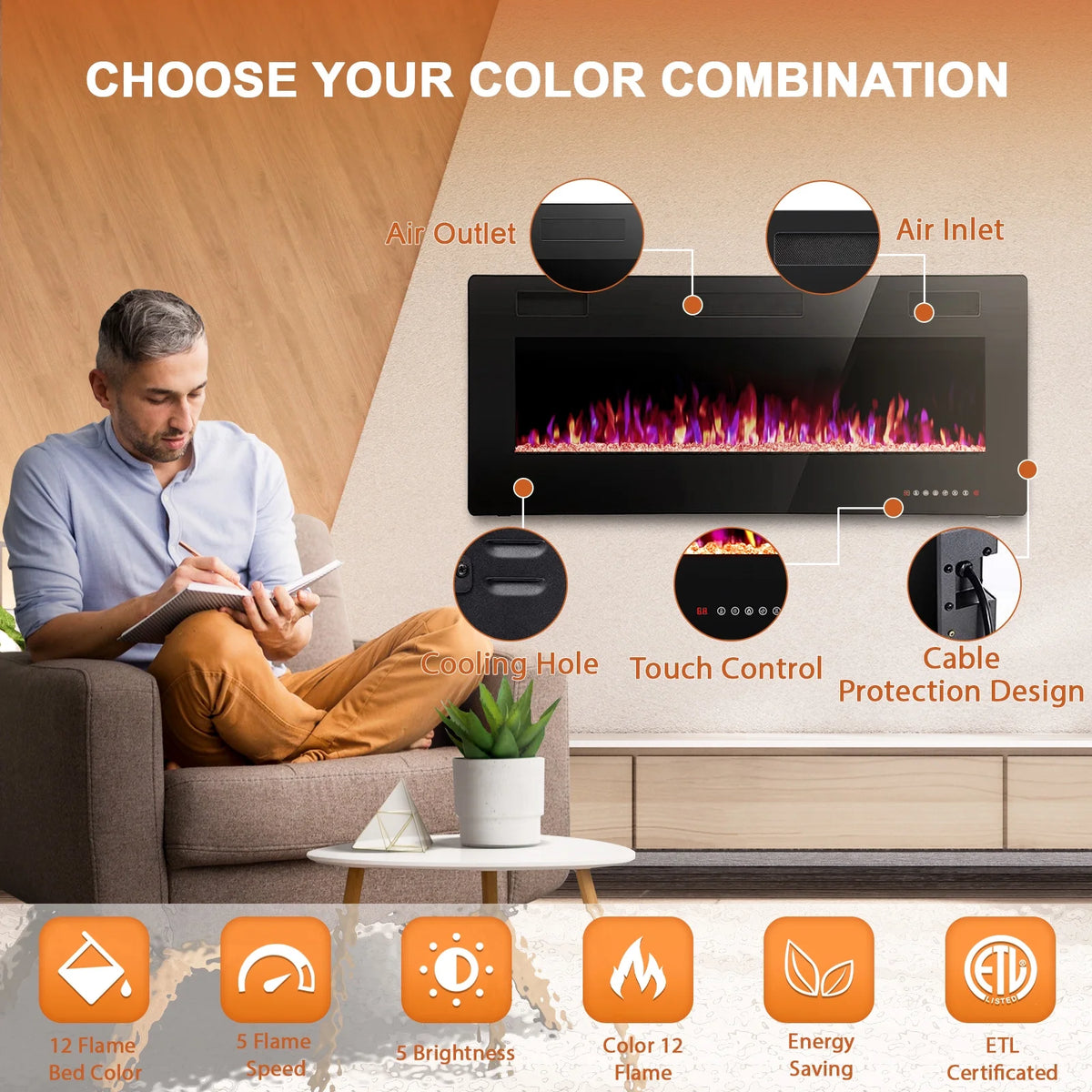 KISSAIR 60 Indoor Electric Fireplace Ultra Thin Fireplace, Wall Mounted Recessed Fireplace with Multiple Colors