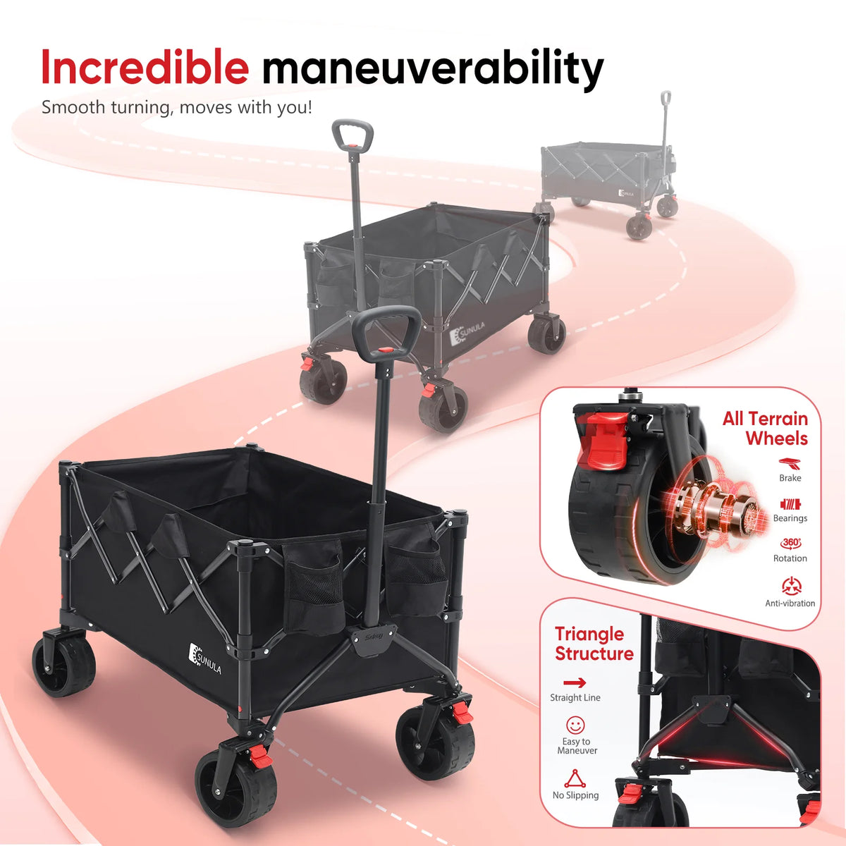 Sekey 330 lb Collapsible Wagon Cart, 220 L Large Capacity Foldable Wagon, Heavy Duty Folding Utility Garden Cart with All - Terrain Wheels for Camp, Beach, Sport, Shop, Grocery (Black, 1 - YEAR - WARRANTY)