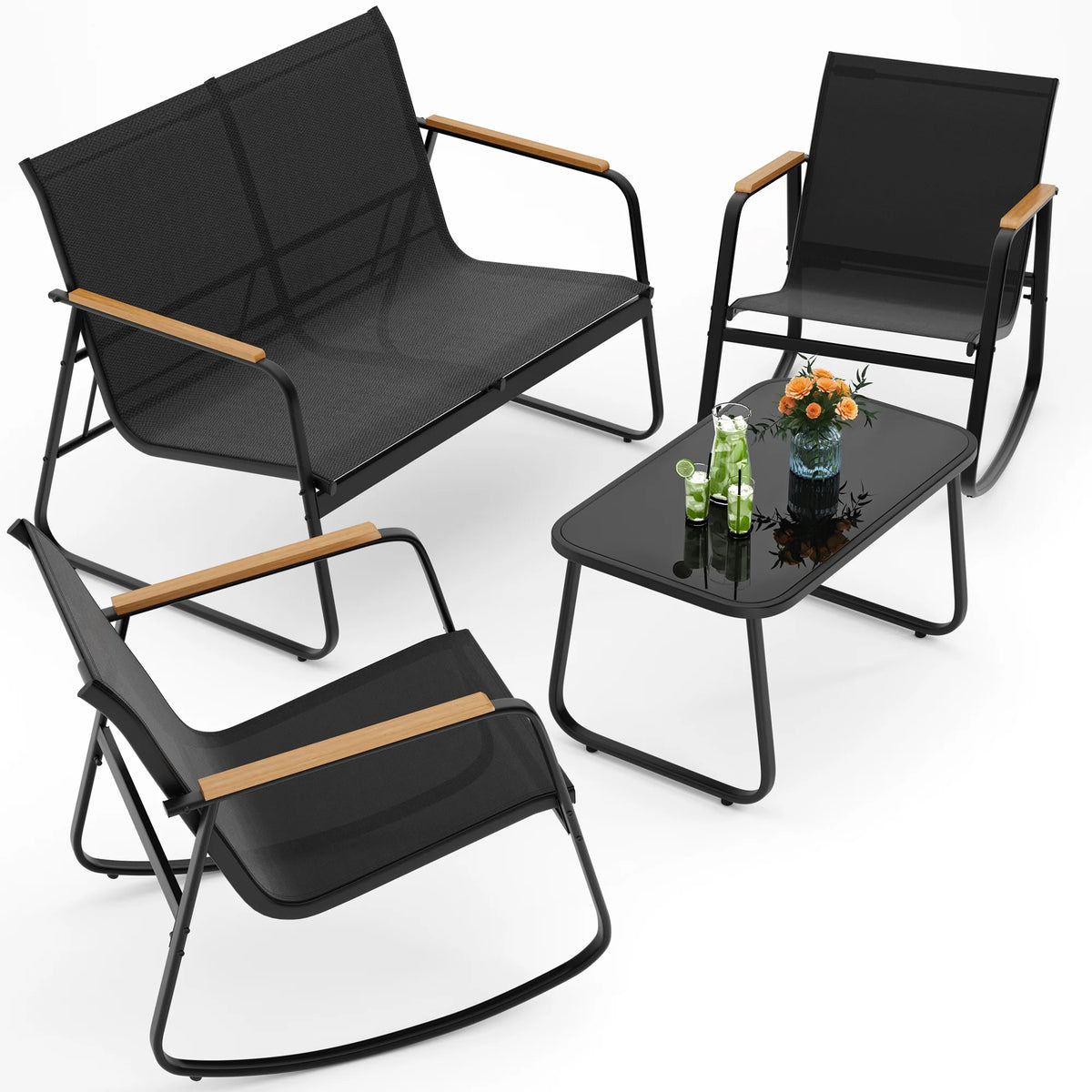 Patio Conversation Sets for 4, Lofka 4 Pieces Patio Furniture Sets with Rocking Bistro Fabric Chairs, Garden Loveseat, Glass Coffee Table for Backyard, Poolside, Porch, Lawn, Black