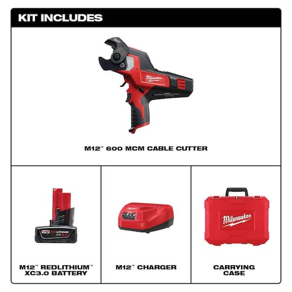M12 12V Lithium-Ion Cordless 600 MCM Cable Cutter Kit with One 3.0Ah Battery. Charger and Hard Case