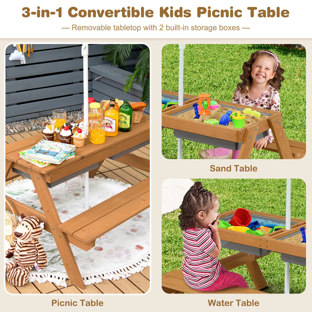 Costway 3 - in - 1 Kids Picnic Table Wooden Outdoor Sand & Water Table with Umbrella Play Boxes Green