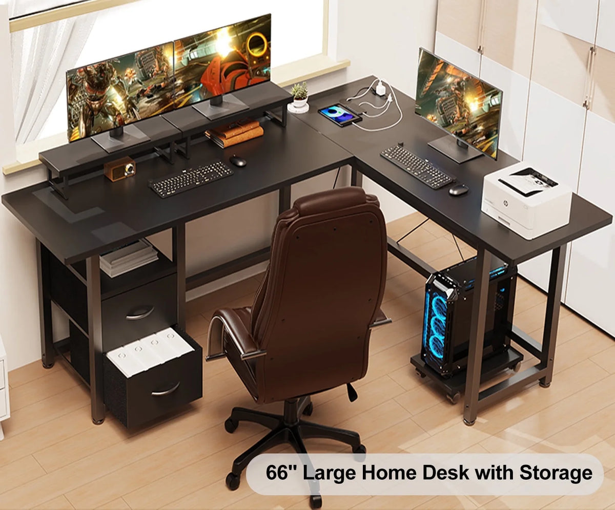 Lofka L Shaped Gaming Desk with Power Outlets, Computer Desk with Shelf and Drawers for Home /Office, Black