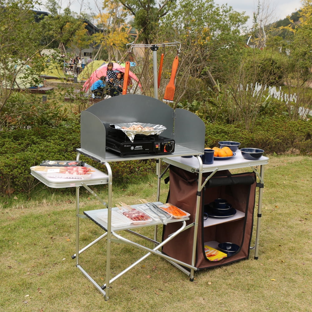 Folding Cooking Table Outdoor Portable Cook Station Aluminum Camping Kitchen with Storage Organizer.Silver