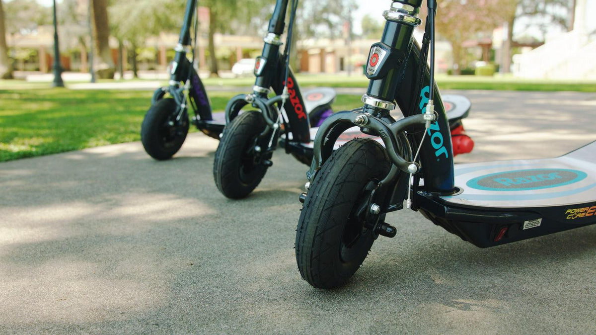 Razor Power Core E100 Electric Scooter with Aluminum Deck - Red. Ages 8+ and up to 120 lb. 8″ Pneumatic Front Tire. up to 11 Mph and up to 60 Mins of Ride Time. 100W Hub Motor. Unisex
