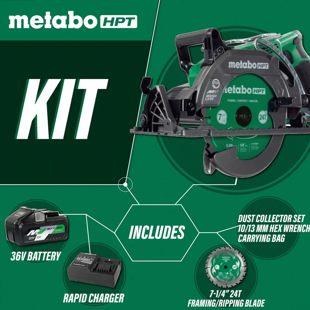 Metabo HPT 36V Multivolt 7 - 1/4 in Rear Handle Circular Saw, Lightweight Design, up to 500 2x4 Cuts per Charge, 53 Adjustable Bevel Capacity, Lifetime Tool Body Warranty, C3607DWA