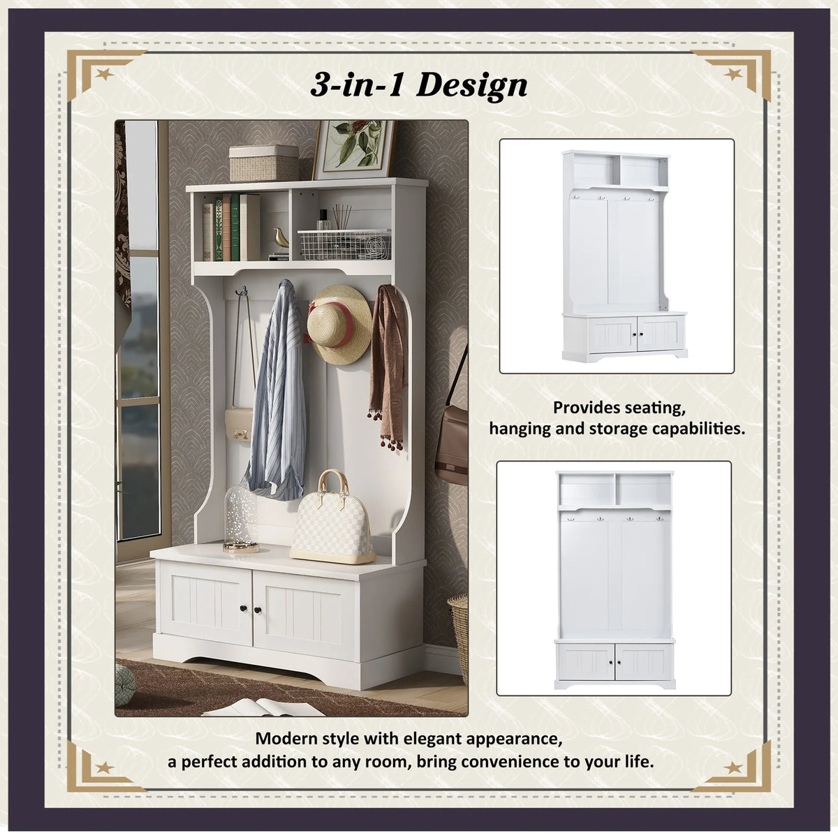 Hall Tree with Upholstered Bench and Coat Rack, Entryway Bench with 3 Hooks, 3 Open Shelves, 2 Drawers & Storage Cabinets, Mudroom Bench with Storage and Hooks for Foyer, Entry Way, Hallway (Beige)
