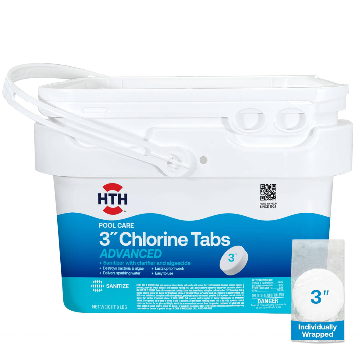 Hth 42053W Swimming Pool Care 3" Chlorine Tabs Advanced, Individually Wrapped Tablets, 8lb