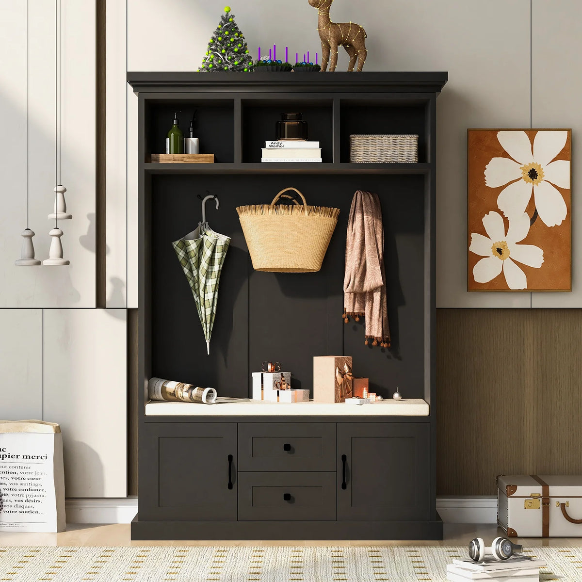 Hall Tree with Upholstered Bench and Coat Rack, Entryway Bench with 3 Hooks, 3 Open Shelves, 2 Drawers & Storage Cabinets, Mudroom Bench with Storage and Hooks for Foyer, Entry Way, Hallway (Beige)