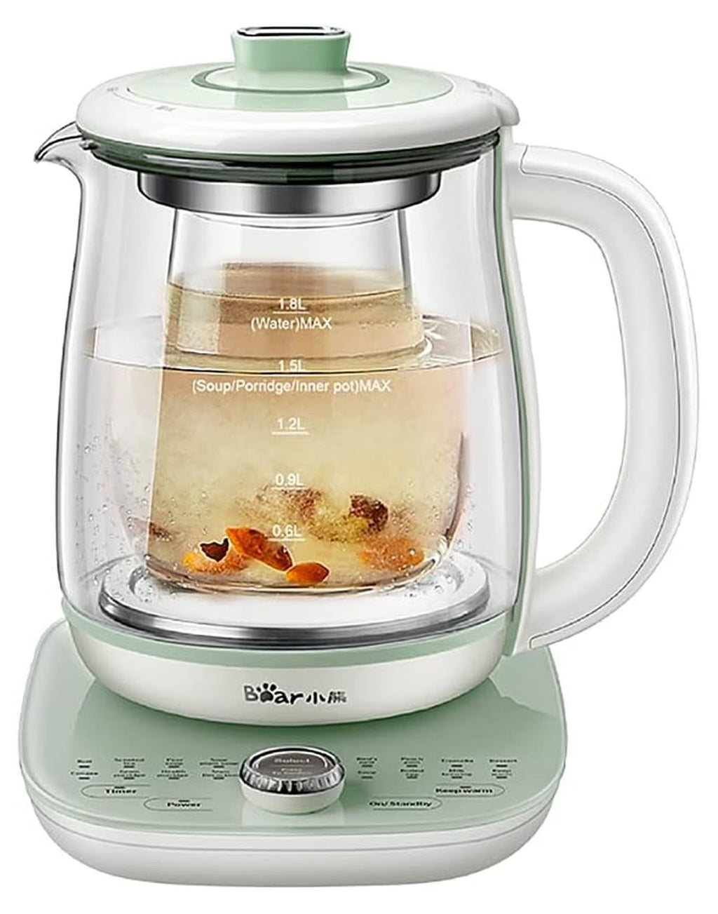 Bear Electric Kettle with Infuser & Stew Pot - 1.8 L Health Pot, 16 Menus, Glass Kettle, Tea Maker, 120V, Green