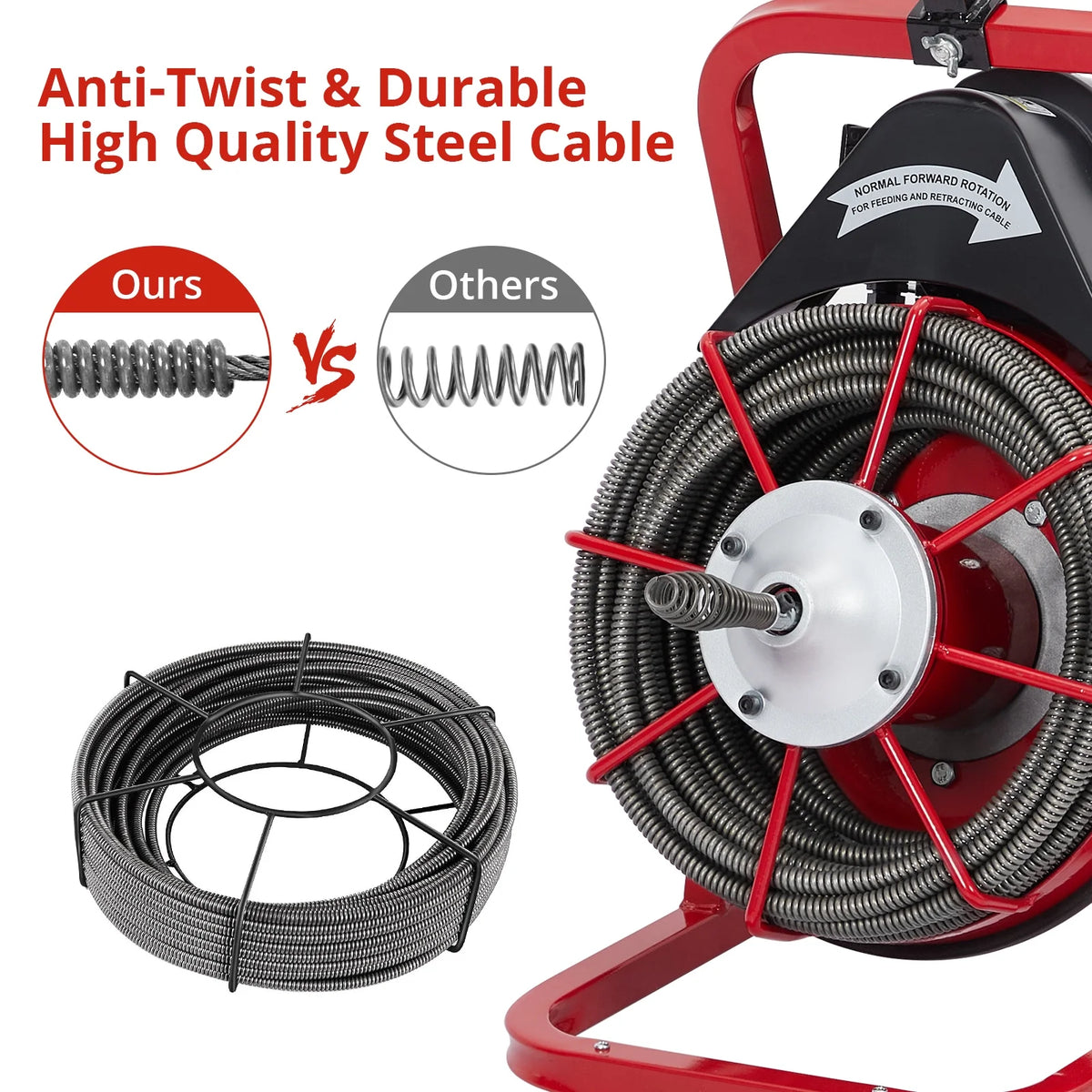 Roromall Drain Cleaner Machine 50FT/75FT/100FT x 3/8 - Inch/1/2 - Inch Sewer Auger Electric Drain Auger Sewer Snake with 4 Cutter, Air - Activated Foot Switch, Gloves