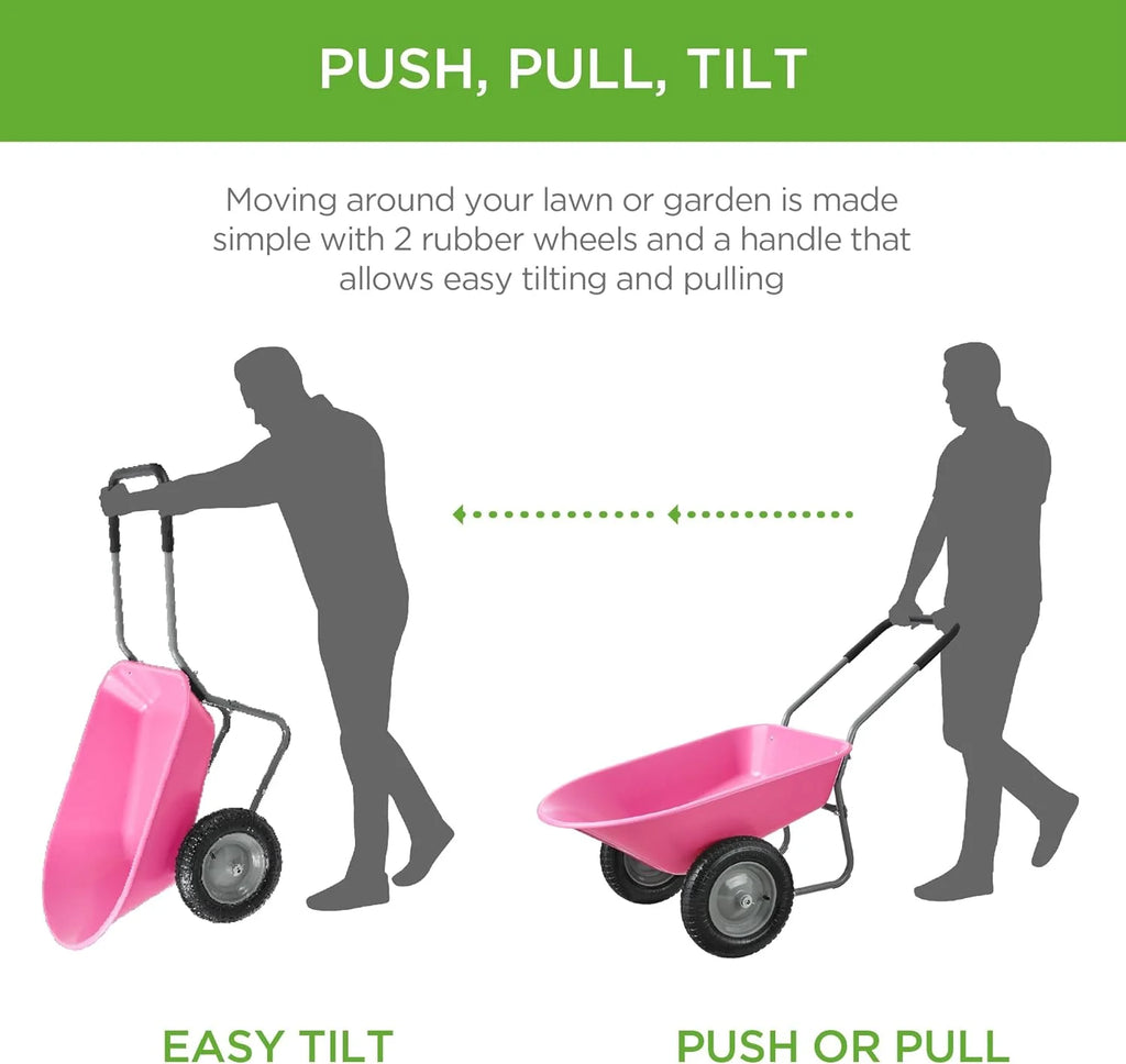 SEEKOL Dual - Wheel Home Utility Yard Wheelbarrow Garden Cart W/Built - in Stand for Lawn, Gardening, Construction, Green