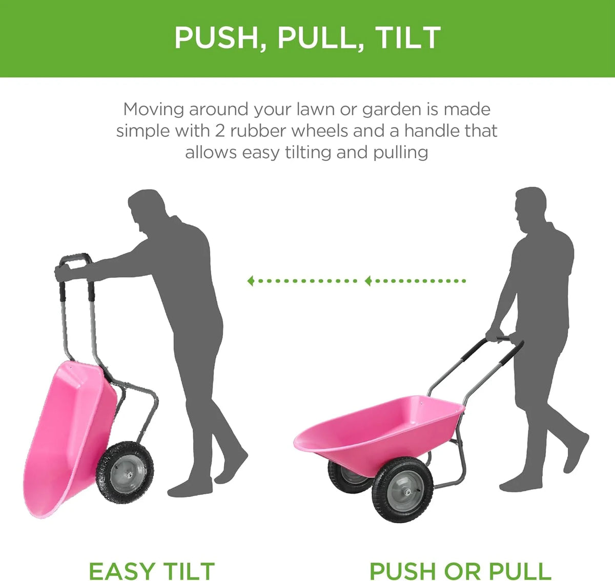 SEEKOL Dual - Wheel Home Utility Yard Wheelbarrow Garden Cart W/Built - in Stand for Lawn, Gardening, Construction, Green