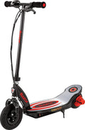 Razor Power Core E100 Electric Scooter with Aluminum Deck - Red. Ages 8+ and up to 120 lb. 8″ Pneumatic Front Tire. up to 11 Mph and up to 60 Mins of Ride Time. 100W Hub Motor. Unisex